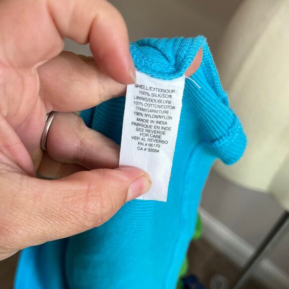 Y2K Free People Boho Hippie Teal and Green Silk Embroidered Tank Top Size 8 - Picture 10 of 11